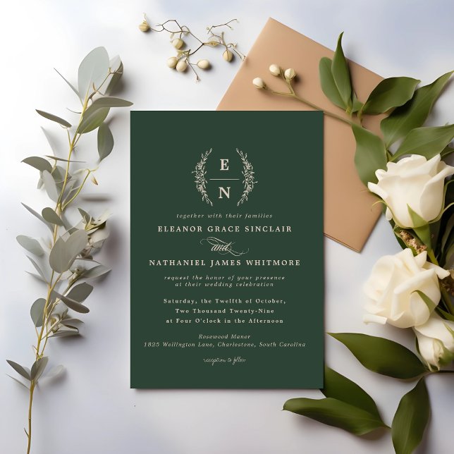 Invitación Monograma Boda de Iniciales Estampadas Florales (Floral Stacked Initials Wedding Monogram Invitation)