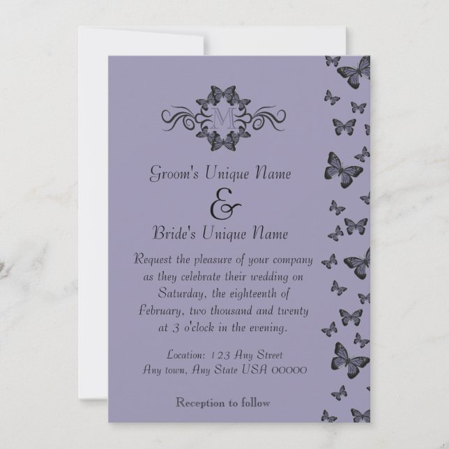 Invitación Monograma Boda de mariposas púrpura (Anverso)