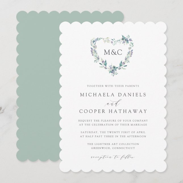 Invitación Monograma Boda de Monograma de Corazón de Montaña  (Anverso / Reverso)