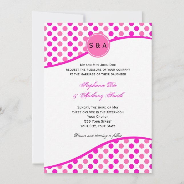 Invitación Monograma Boda de patrón de punto de polka rosa (Anverso)