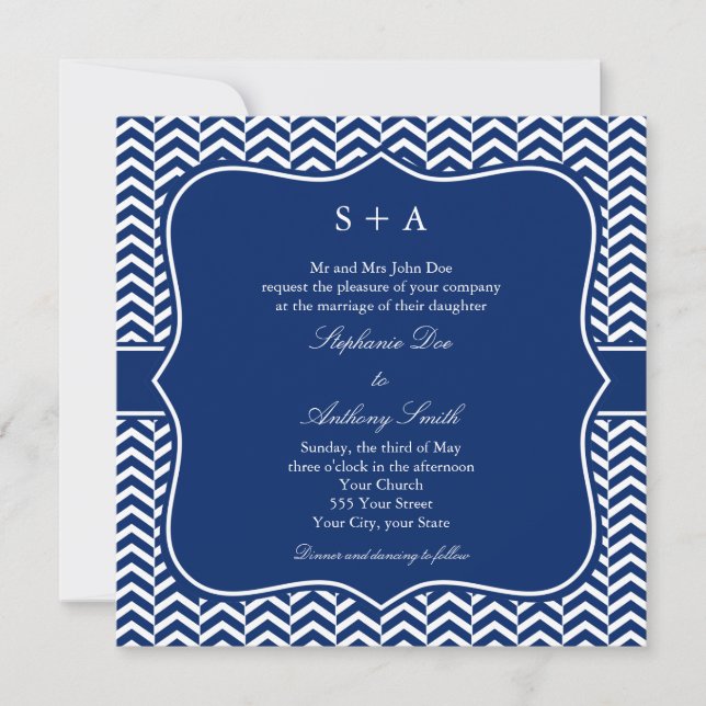 Invitación Monograma Boda del patrón de cheurón azul real (Anverso)