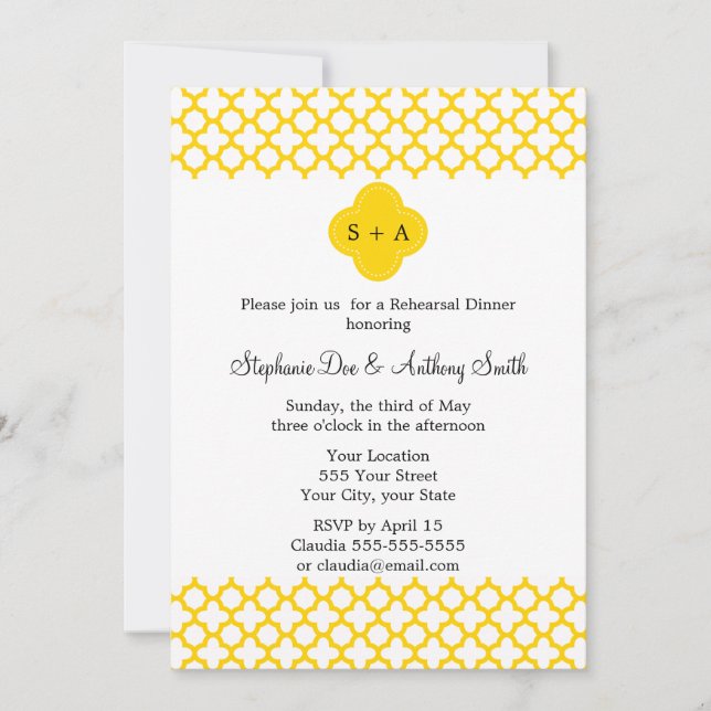 Invitación Monograma Boda del patrón de cuatrefoil amarillo (Anverso)