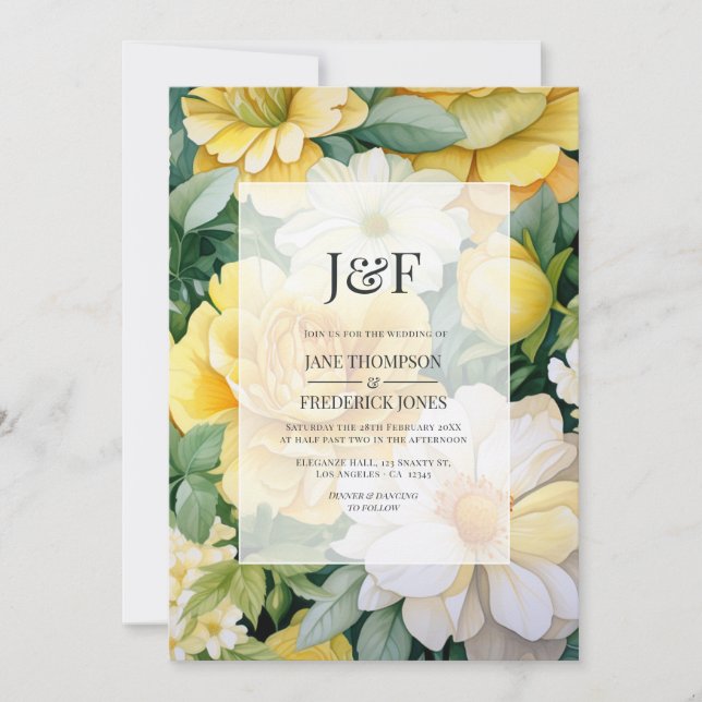 Invitación Monograma Boda floral amarillo, blanco y verde (Anverso)