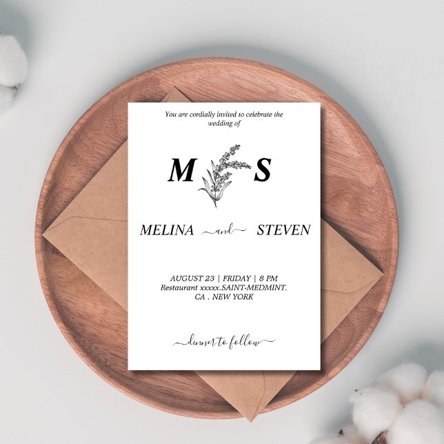 Invitación Monograma boda floral blanco y negro (Subido por el creador)