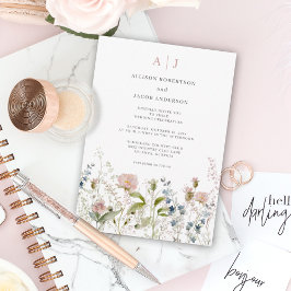 Invitación Monograma Boda floral de flores silvestres rosadas