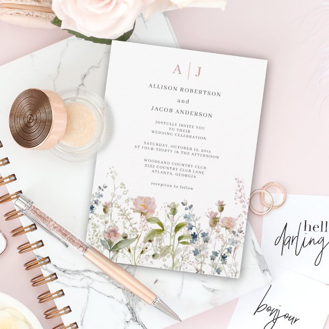 Invitación Monograma Boda floral de flores silvestres rosadas (Subido por el creador)