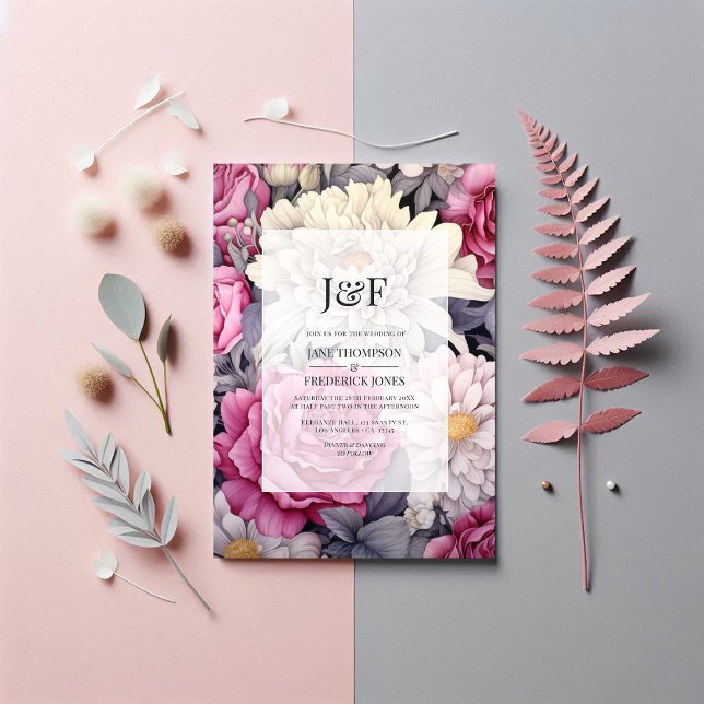 Invitación Monograma Boda floral rosa, gris e marfil (Pink, Grey and Ivory Floral Wedding Monogram Invitation)