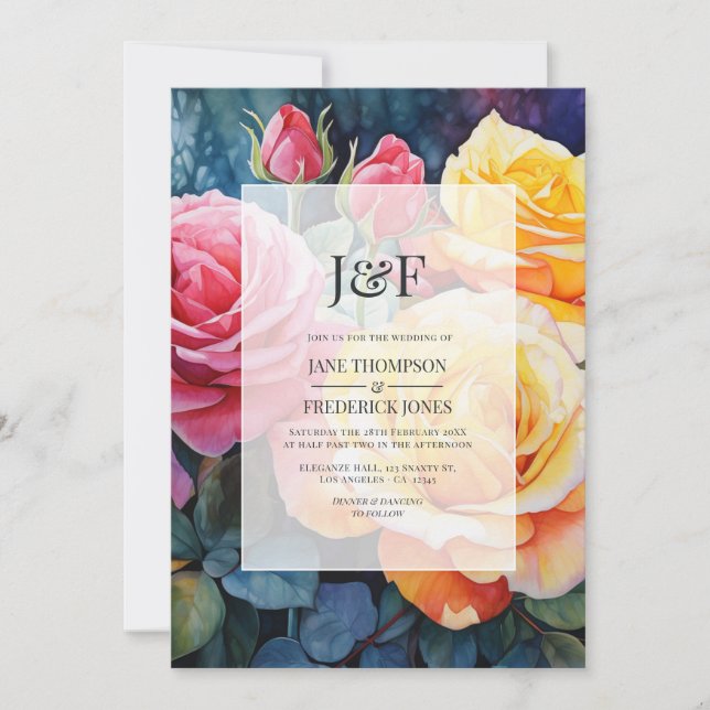 Invitación Monograma Boda floral rosa y amarillo Rosa (Anverso)