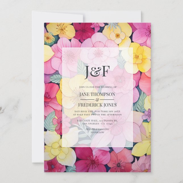 Invitación Monograma Boda floral rosa y limón (Anverso)