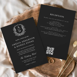 Invitación Monograma Boda formal Escudo floral Código QR