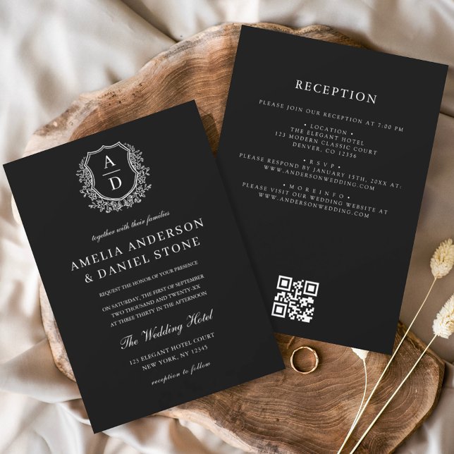 Invitación Monograma Boda formal Escudo floral Código QR (Subido por el creador)