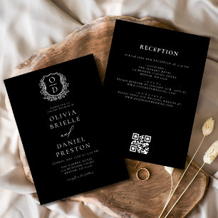 Invitación Monograma Boda formal Escudo floral Código QR
