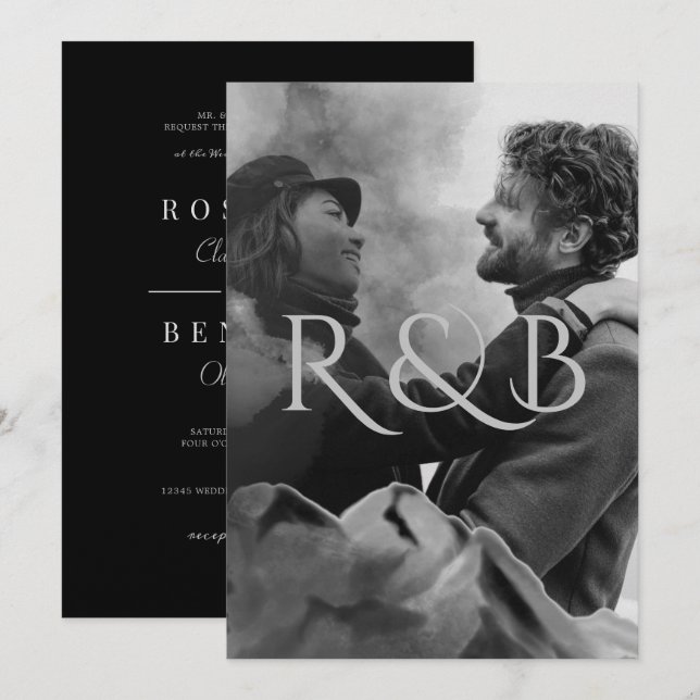 Invitación Monograma Boda fotográfico de las montañas blancas (Anverso / Reverso)