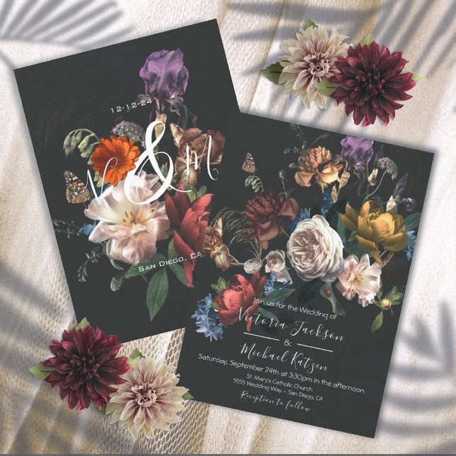 Invitación Monograma Boda Rembrandt Floral Dark & Moody (Subido por el creador)