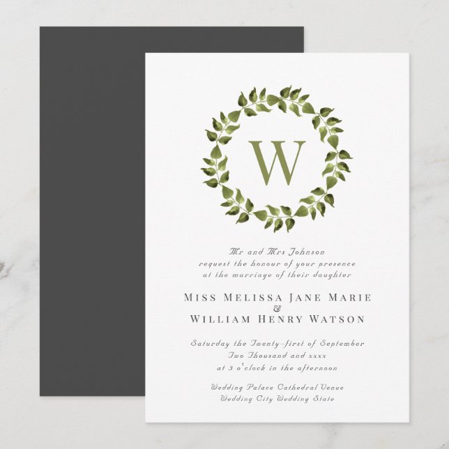 Invitación Monograma Boda verde de la corona (Anverso / Reverso)