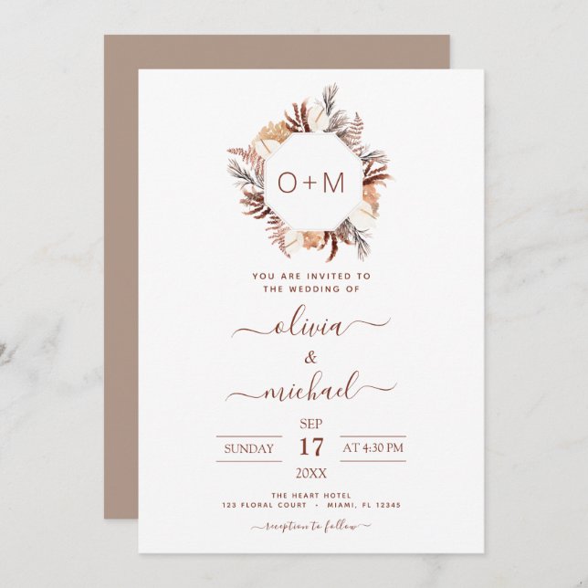 Invitación Monograma Boho Terracotta Pampas Boda Invi (Anverso / Reverso)