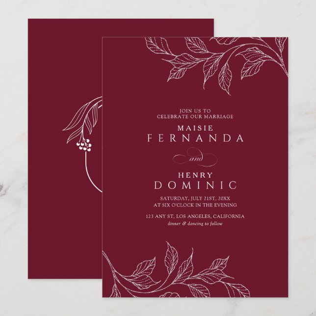 Invitación Monograma Botánico Borgoña Boda Moderna (Anverso / Reverso)