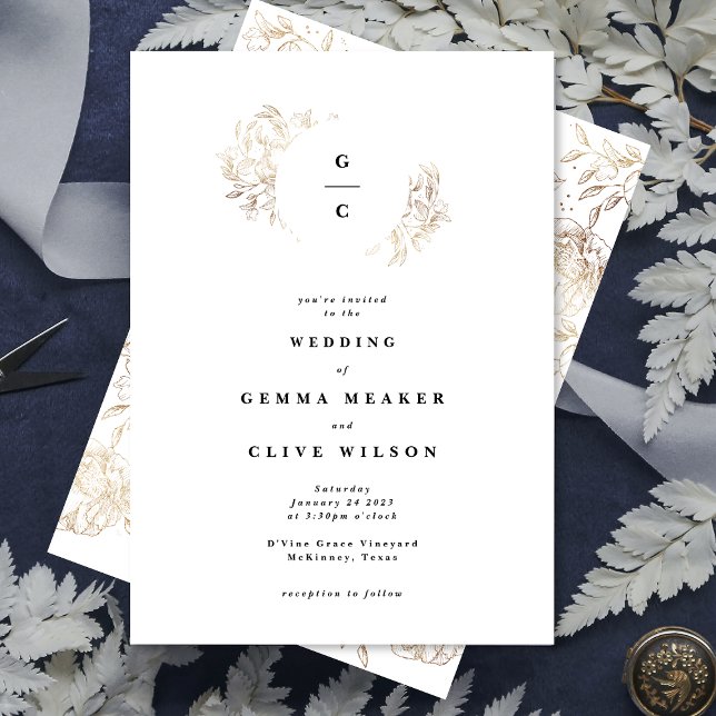 Invitación Monograma botánico dibujado con mano blanca elegan (Subido por el creador)