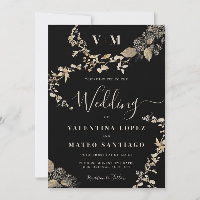 Invitación Monograma botánico rústico Boda negro (Anverso)