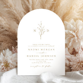 Invitación Monograma botánico rústico simple de oro para boda