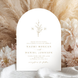 Invitación Monograma botánico rústico simple de oro para boda