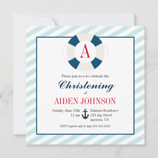 Invitación Monograma Bouy Nautical Baby Boy Christening (Anverso)