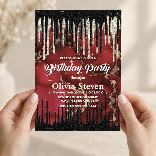 Invitación Monograma brillante con gotas rojas y negras chic