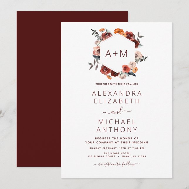 Invitación Monograma Burgundy Boda de la vegetación floral (Anverso / Reverso)
