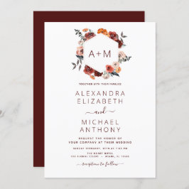 Invitación Monograma Burgundy Boda de la vegetación floral