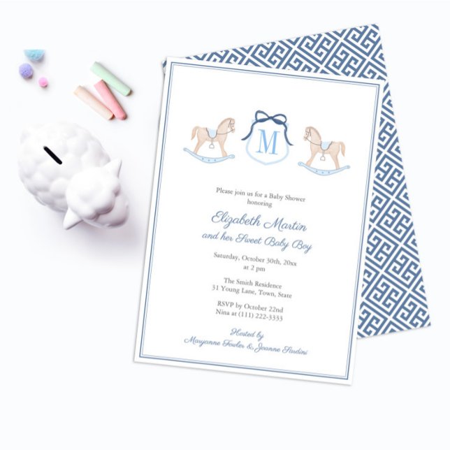 Invitación Monograma Caballo De Roca Baby Shower Para Fiesta  (Preppy Navy Blue And White Watercolor Wooden Rocking Horse Baby Shower Invitation for boy)