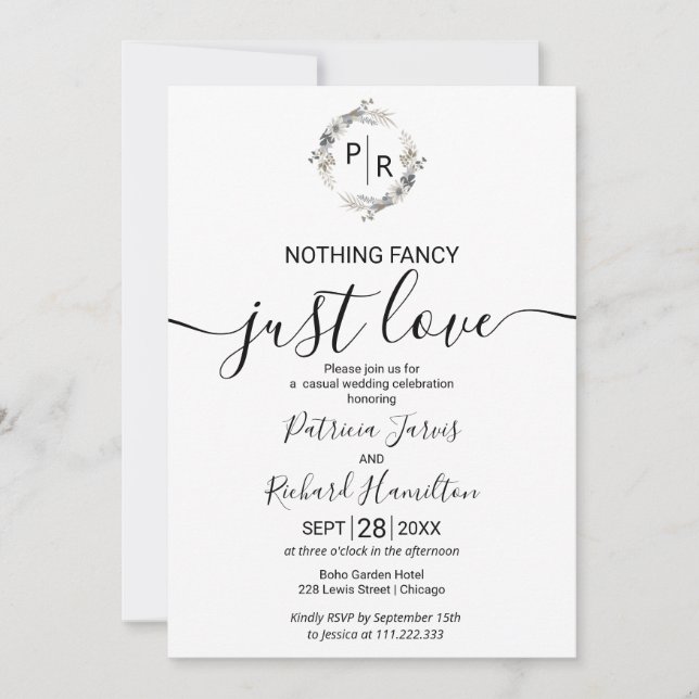 Invitación Monograma Caligrafía floral Boda fotográfico (Anverso)