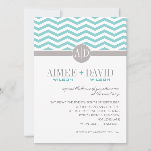 Invitación Monograma Chevron Moda Aimee| Boda verde azulado (Anverso)