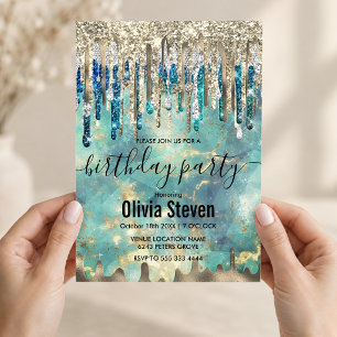 Invitación Monograma chic con gotas de brillo azul turquesa d