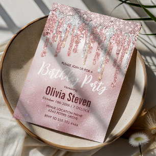 Invitación Monograma chic con rosa y brillo dorado que gotea