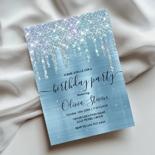 Invitación Monograma chic de purpurina goteante de azul hielo