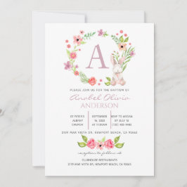 Invitación Monograma Chica del bautismo floral rosa