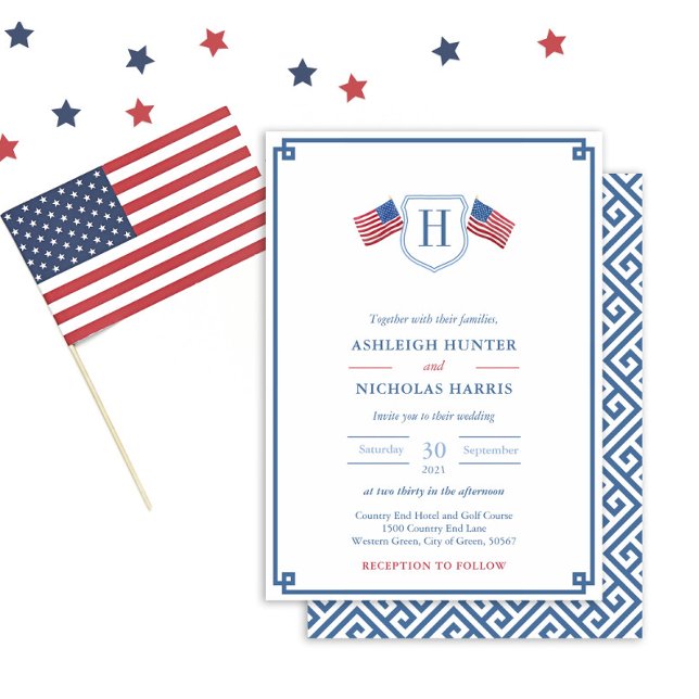 Invitación Monograma Clásico 4 De Julio Boda (Elegant Patriotic Red White Blue Monogram Wedding Invitation With A Blue And White Greek Key Backer)