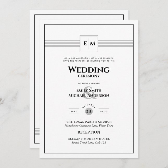 Invitación Monograma clásico Boda formal blanco todo en 1 viv (Anverso / Reverso)