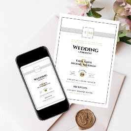 Invitación Monograma clásico Boda formal blanco todo en 1 viv