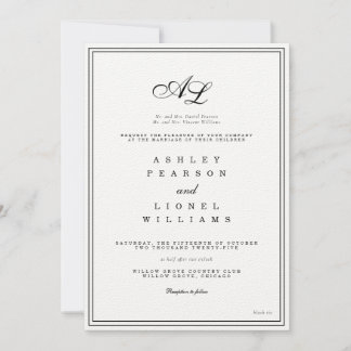 Invitación Monograma clásico Boda tradicional blanco y negro