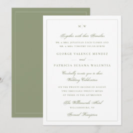 Invitación Monograma Clásico de Boda Elegante Verde Musgo Bla