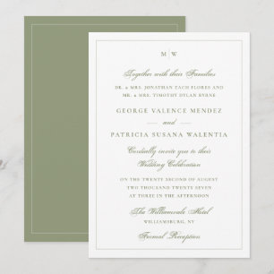 Invitación Monograma Clásico de Boda Elegante Verde Musgo Bla