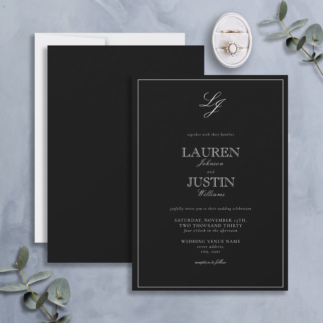 Invitación Monograma clásico de guiones blancos y negros (Subido por el creador)