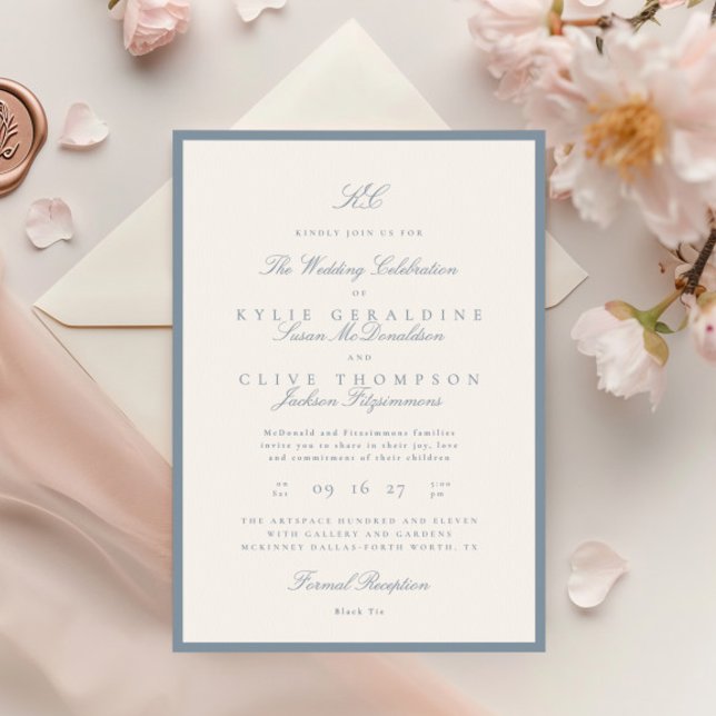 Invitación Monograma clásico formal enmarcado Boda azul turbi (Subido por el creador)