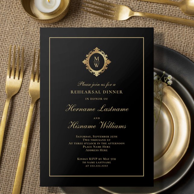 Invitación Monograma Clásico Moda Oro Negro Cena (Subido por el creador)
