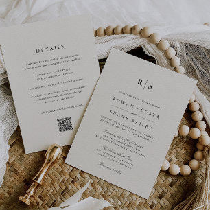 Invitación Monograma clásico negro y crudo todo en un Boda