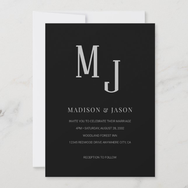 Invitación Monograma clásico simple negro plateado Boda (Anverso)