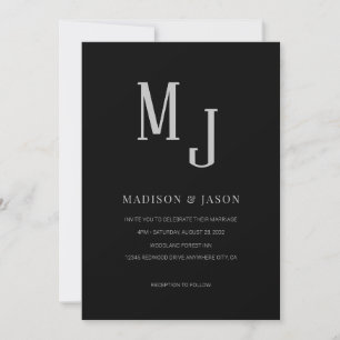 Invitación Monograma clásico simple negro plateado Boda