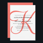 Invitación Monograma clásico vertical moderno en Boda de cora<br><div class="desc">Estas elegantes invitaciones a la boda muestran su monograma en un texto grande y moderno de color coral de moda sobre un fondo blanco. Un estilo sencillo y elegante para su boda moderno.</div>
