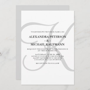 Invitación Monograma clásico vertical moderno en Boda gris